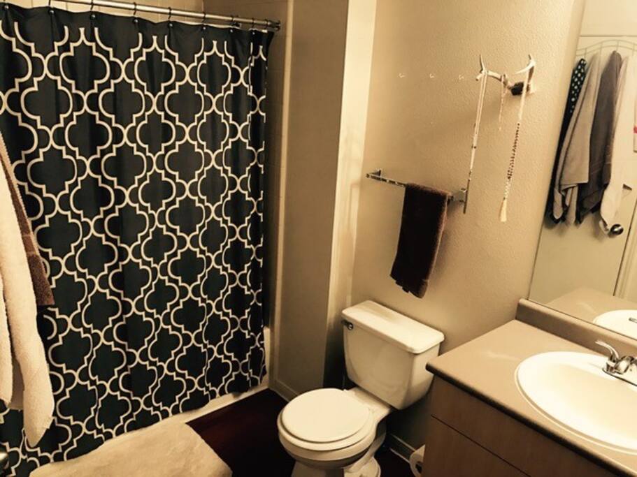 Stand up shower, Body Towels, Face Towels, Hand Towels and toiletries (shampoo/conditioner/soap/lotion).