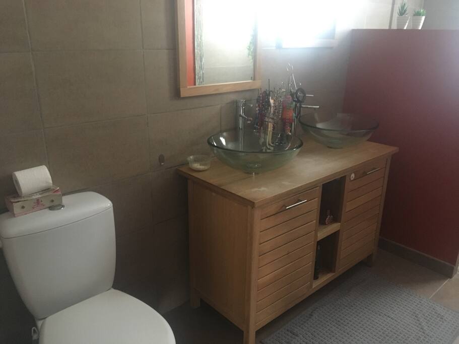 Salle de douche comprenant :
- Une douche à l'italienne
- Un meuble double vasque
- Un wc