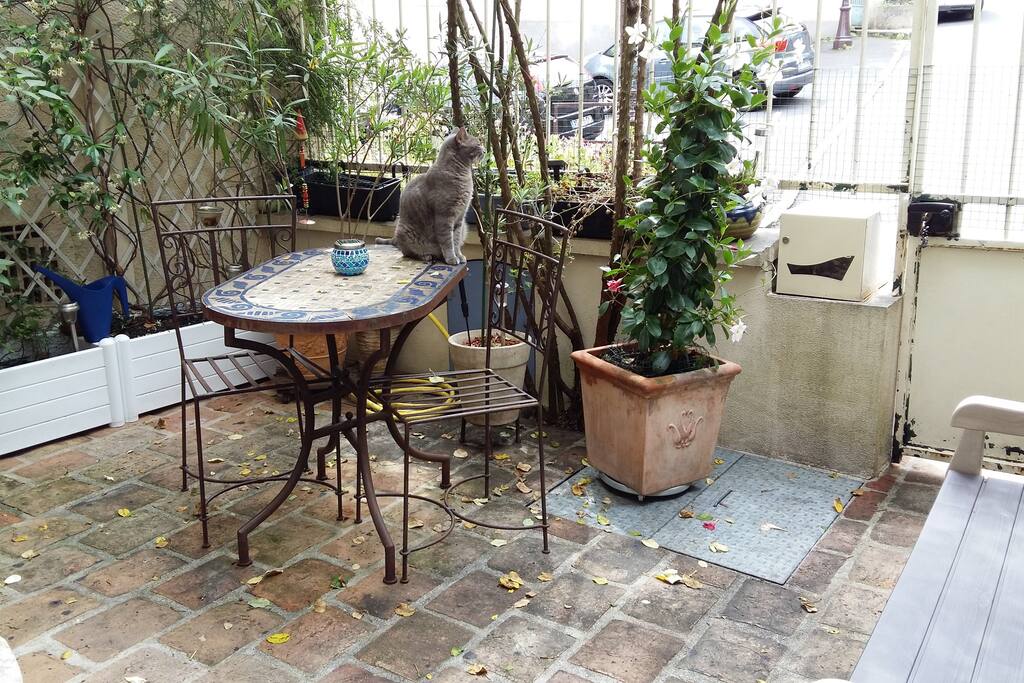 Selon la météo, repas dans la courette.....