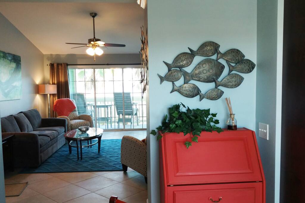 Dining area opens into living area.