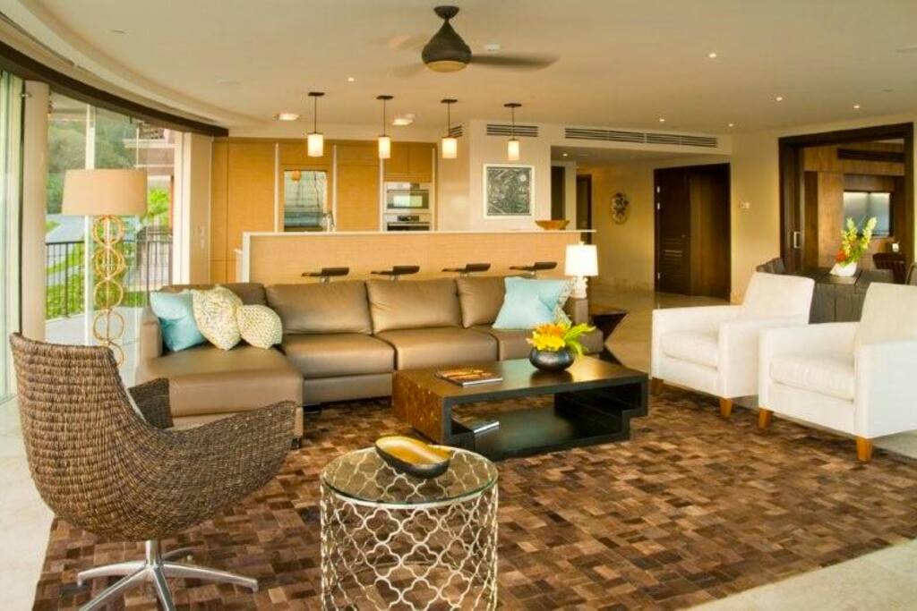 Living area with gourmet kitchen