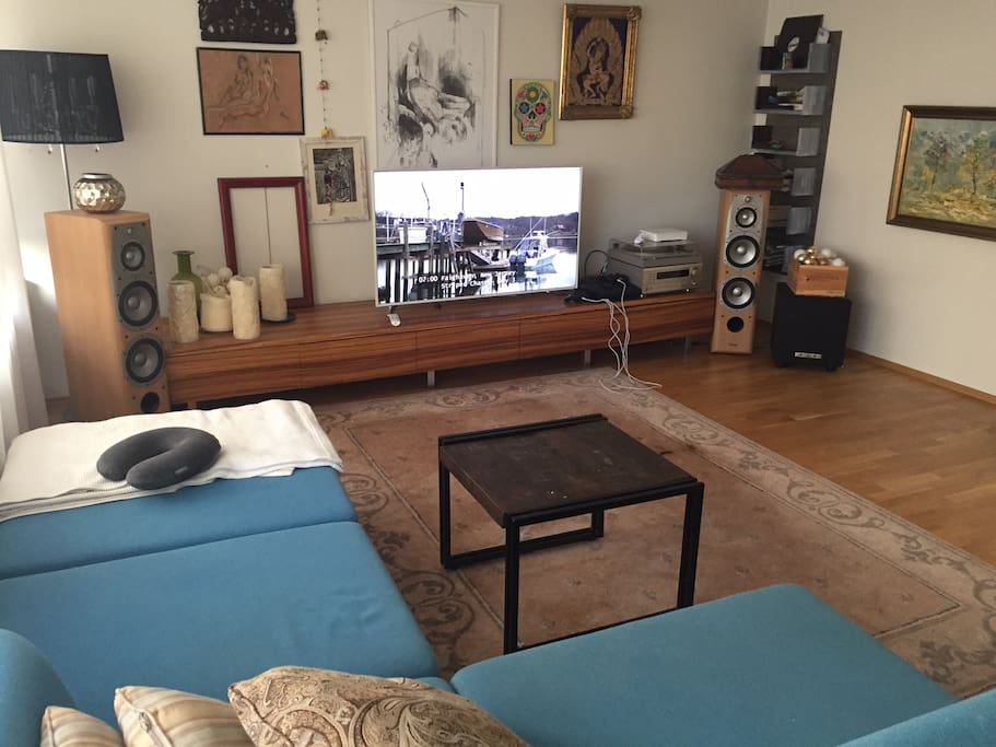 Living room with TV,cable TV, PS3, audio