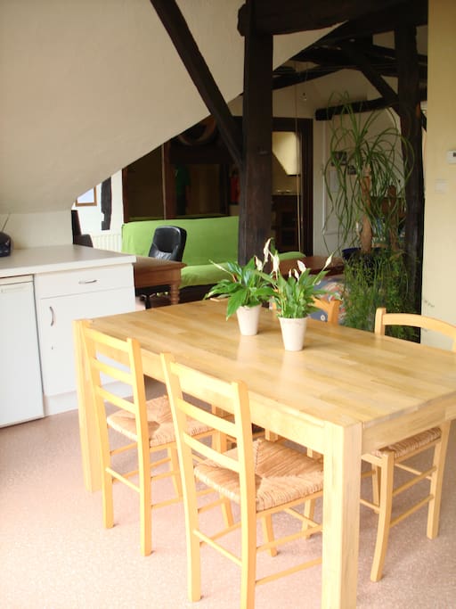 Eetkamer en uitzicht op woonkamer