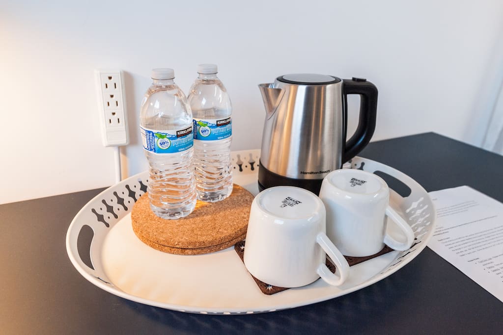 Hot water kettle, power extension for work area, water bottle/mug per guest upon check-in for your convenience.
