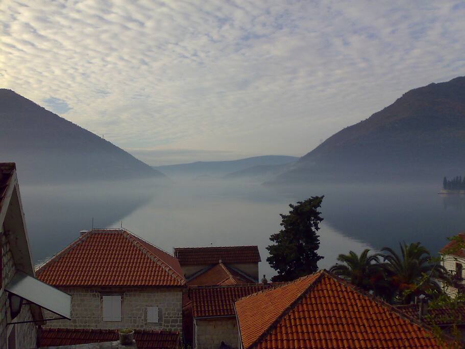 Winter view from the upper terraces in a garden