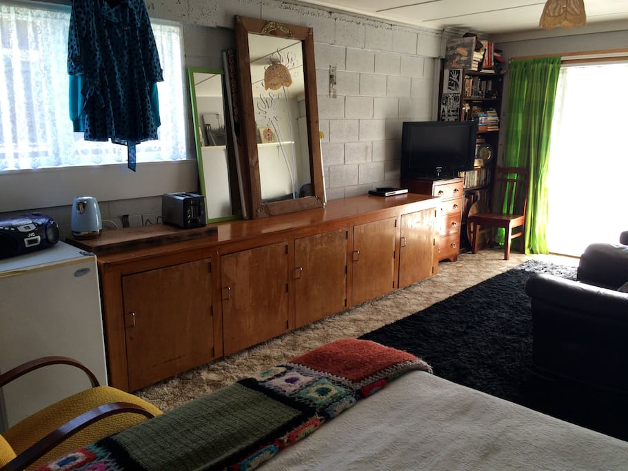 Fridge, toaster, electric kettle, DVD player