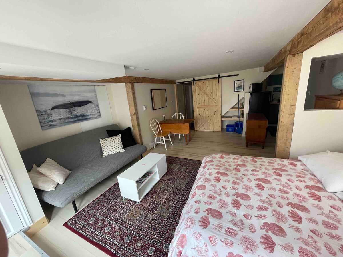 An open-concept studio apartment features a cozy area with a Queen memory foam bed adorned in shell-patterned bedding. A fold-out couch is positioned adjacent to a white coffee table. A wooden dining table with two chairs stands near sliding barn doors, enhancing the spacious layout.