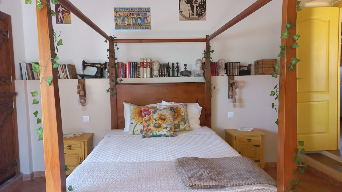 A charming sleeping area is presented with a four-poster bed, adorned with colorful pillows featuring floral patterns. Each side of the bed is complemented by small yellow nightstands. A collection of books and decorative items are neatly arranged on a shelf above the bed, enhancing the cozy ambiance.