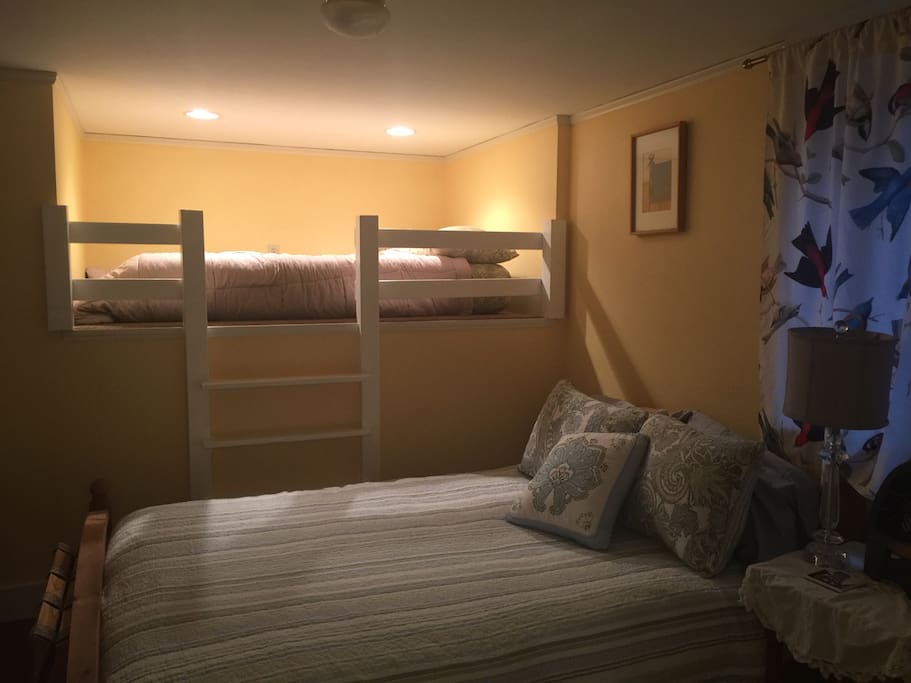 Two beds. Queen bed and full bed in cozy cubby. Third aero mattress bed. Also, a futon that makes into a full size bed.