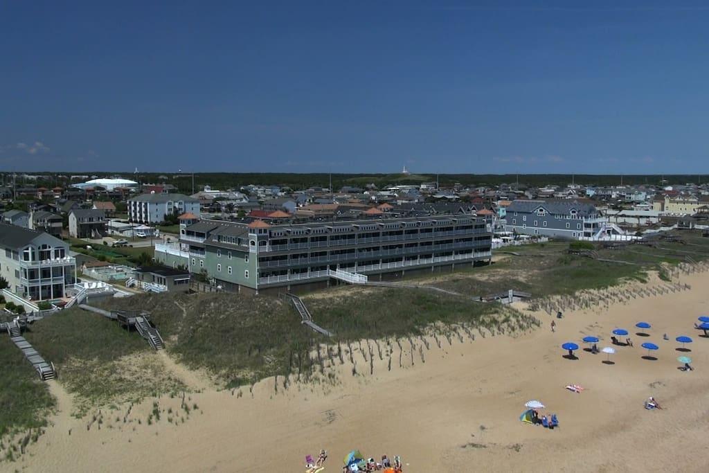 drone aerial of First FLight Retreat condos oceanfront