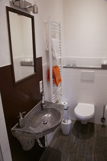 Bad mit Dusche/WC, Handtücher, Kosmetiktücher, Shampoo und Duschgel