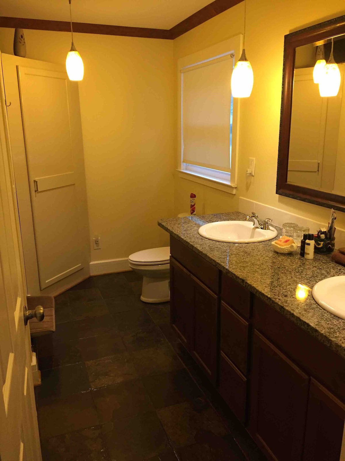 Double vanity, private shower bath-Rain Forest shower head or hand held.