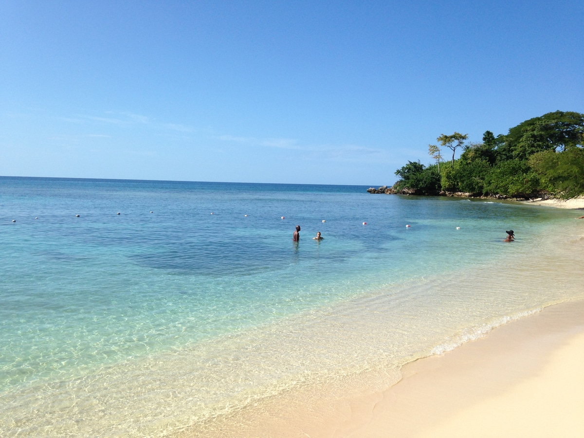 Calm turquoise waters stretch along a secluded beach, gently lapping at the soft, pale sand. Shadows of nearby trees provide a serene backdrop, while swimmers enjoy the clear water. A gentle horizon is visible under a bright blue sky.