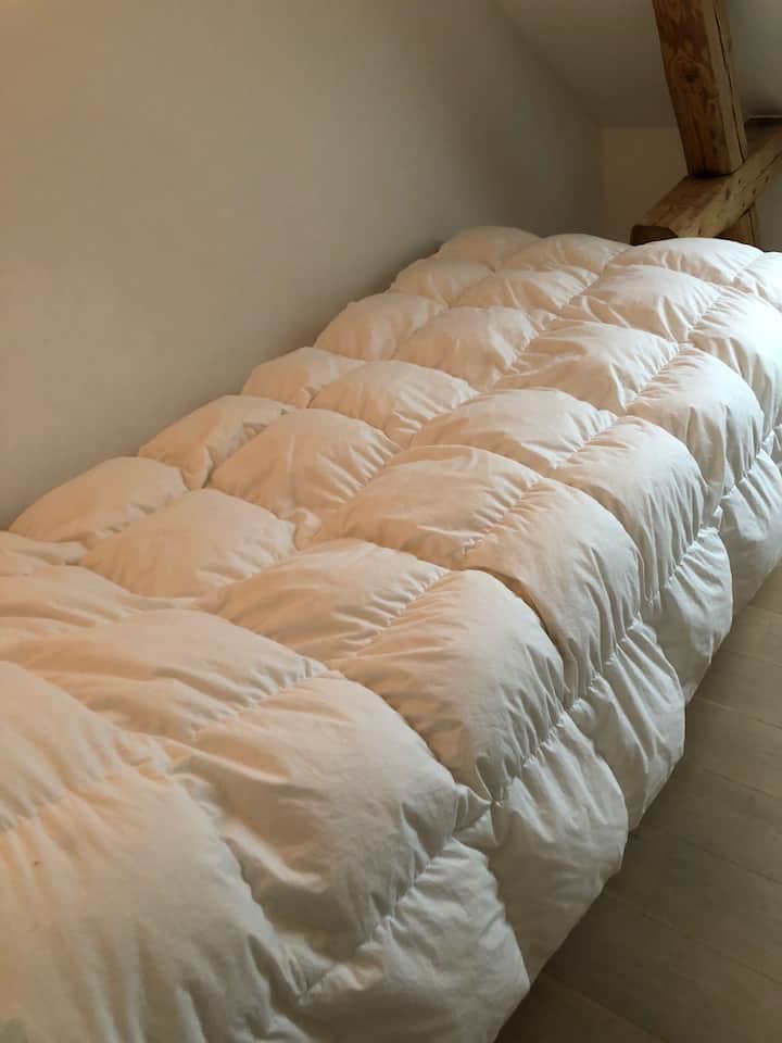 Poseer (no el mío) colchón superior, ropa de cama, sábanas, almohadas de alta calidad.  
Edredón de plumas adecuado tanto para verano como para invierno.  Se muestra aquí para el invierno.
Por supuesto, la ropa de cama siempre está limpia y fresca a tu llegada. 
El colchón superior también se lava con frecuencia. 