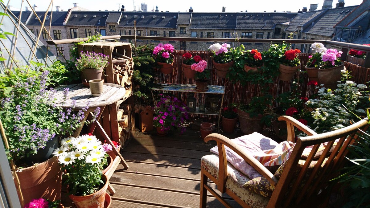 A charming balcony is adorned with an array of colorful flowers in terracotta pots. A wooden table and chair invite relaxation, while vibrant pinks, whites, and purples of the flowers create a lively atmosphere. Wooden decking enhances the outdoor space.