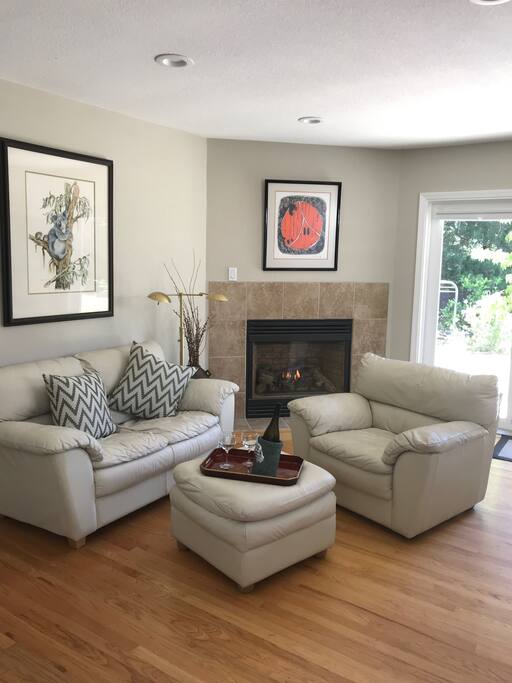 Seating area with fireplace and view to garden.