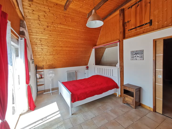 Gran habitación con una cama de 160 x 200 que da acceso directo a la terraza y al jardín.