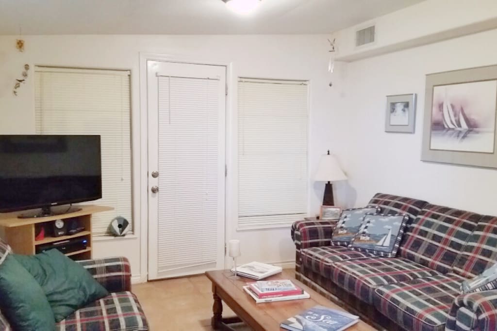Living room with pull-out couch and Dish TV