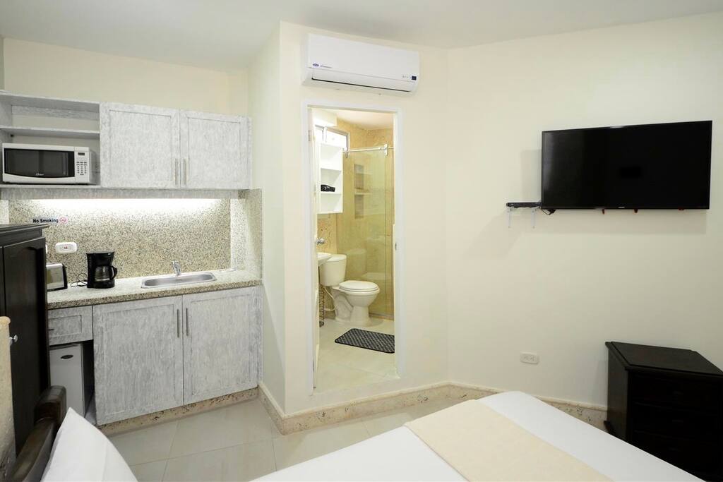 Comes with DirecTV, wifi, kitchenette, closet, and more.