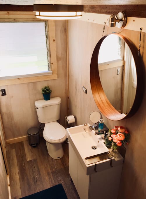 Bathroom with toilet, sink, shower