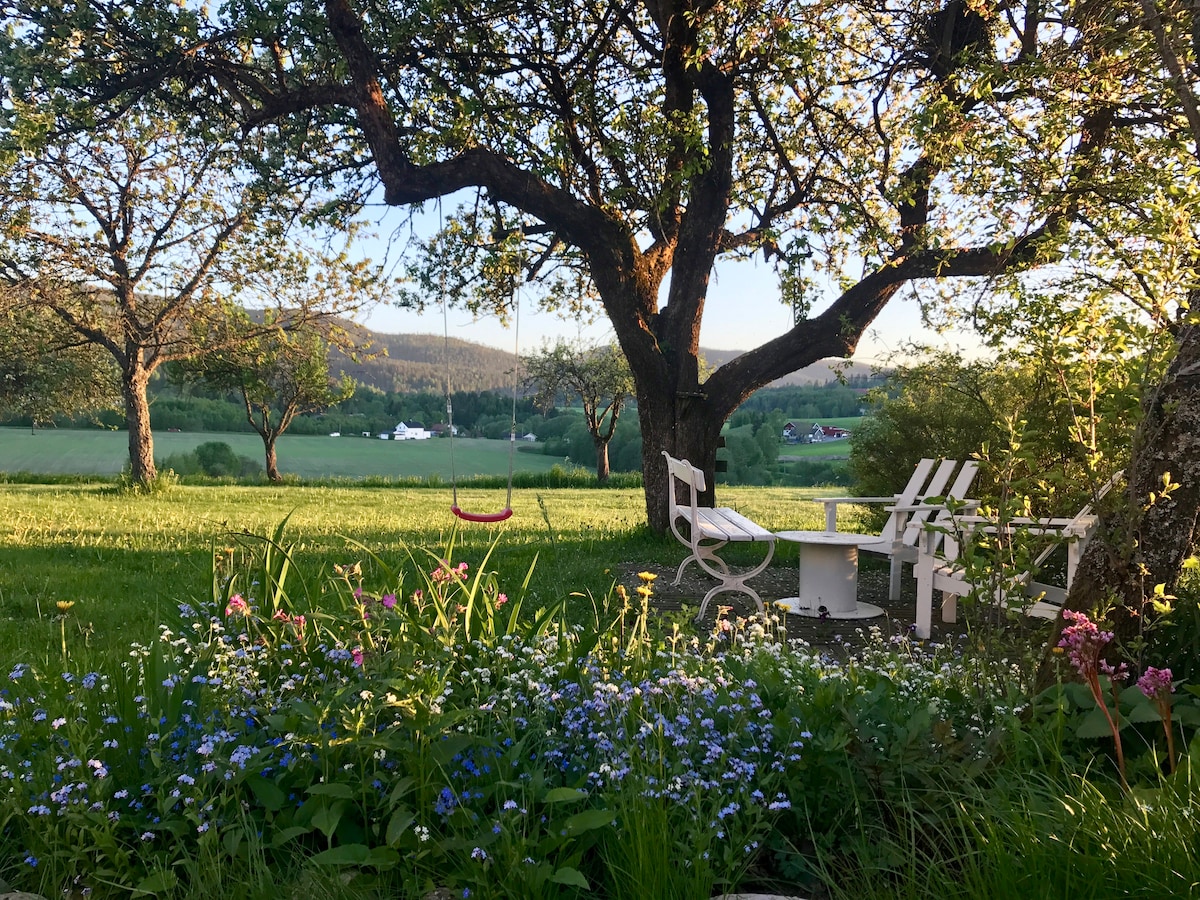 A serene garden area is depicted, featuring a wooden swing hanging from a tree branch. White garden chairs surround a circular table, with colorful flowers blooming in the foreground. Rolling green hills and mountains are visible in the background under a clear sky.