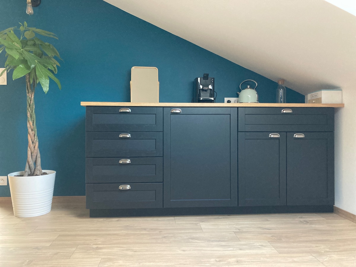 A dark wood kitchen cabinet is showcased against a teal wall, featuring multiple drawers and a countertop. A small coffee machine, kettle, and water bottle are placed on the countertop. A potted plant adds a touch of greenery to the space.