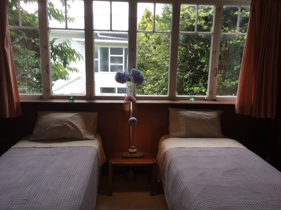 Twin beds with beautiful fold out wooden windows