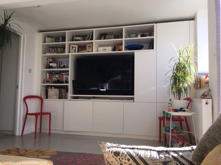 55-inch television within the bookshelf and entertainment centre.