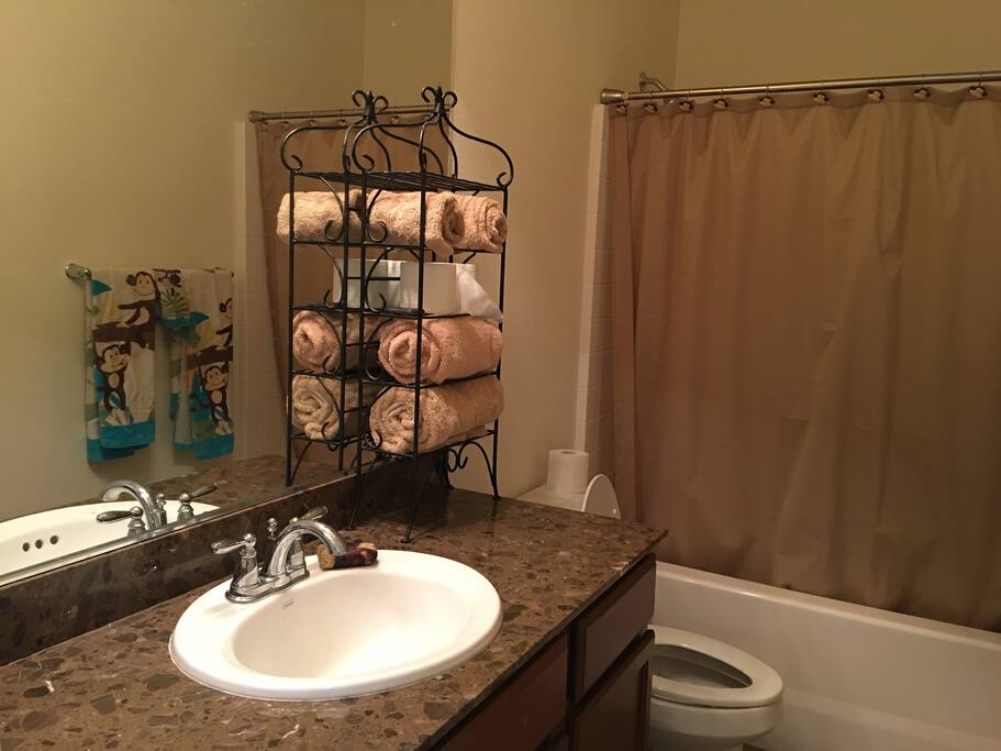 Private bathroom with shower and tub. Frankie (8years old) lives here too. I don't rent the space when he is home but there may be some crossover on occasion. Oh and the monkey theme is his choice too.