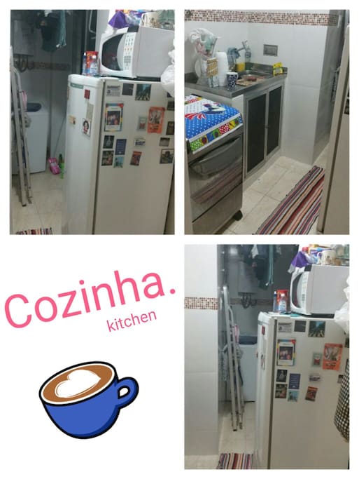 cozinha equipada com microndas, fogão e geladeira. Espaço para maquina de lavar e para secar roupas