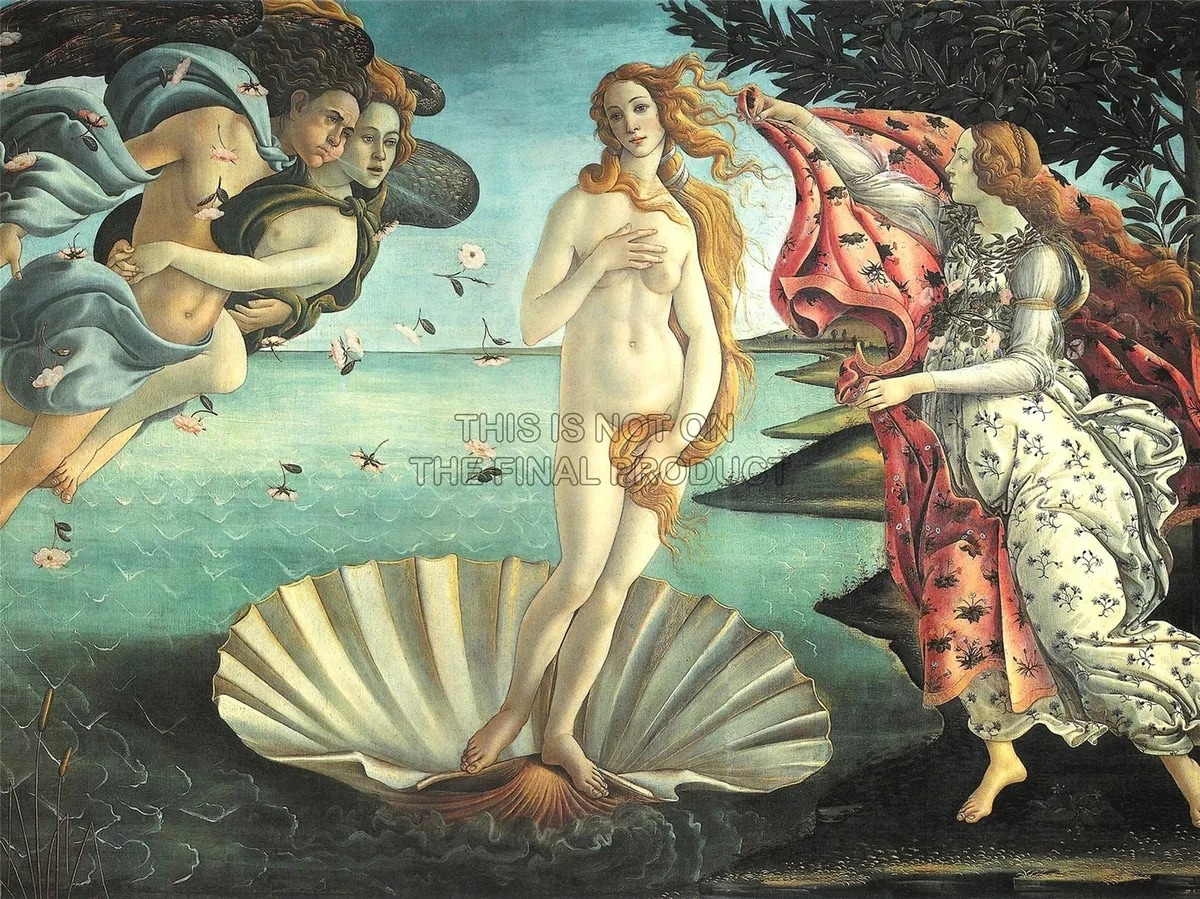 An iconic Renaissance artwork features a central figure emerging from a large seashell, surrounded by mythological elements. The serene water and lush landscape create a harmonious setting, while the vivid colors and intricate details draw the eye to the elegant figures depicted.