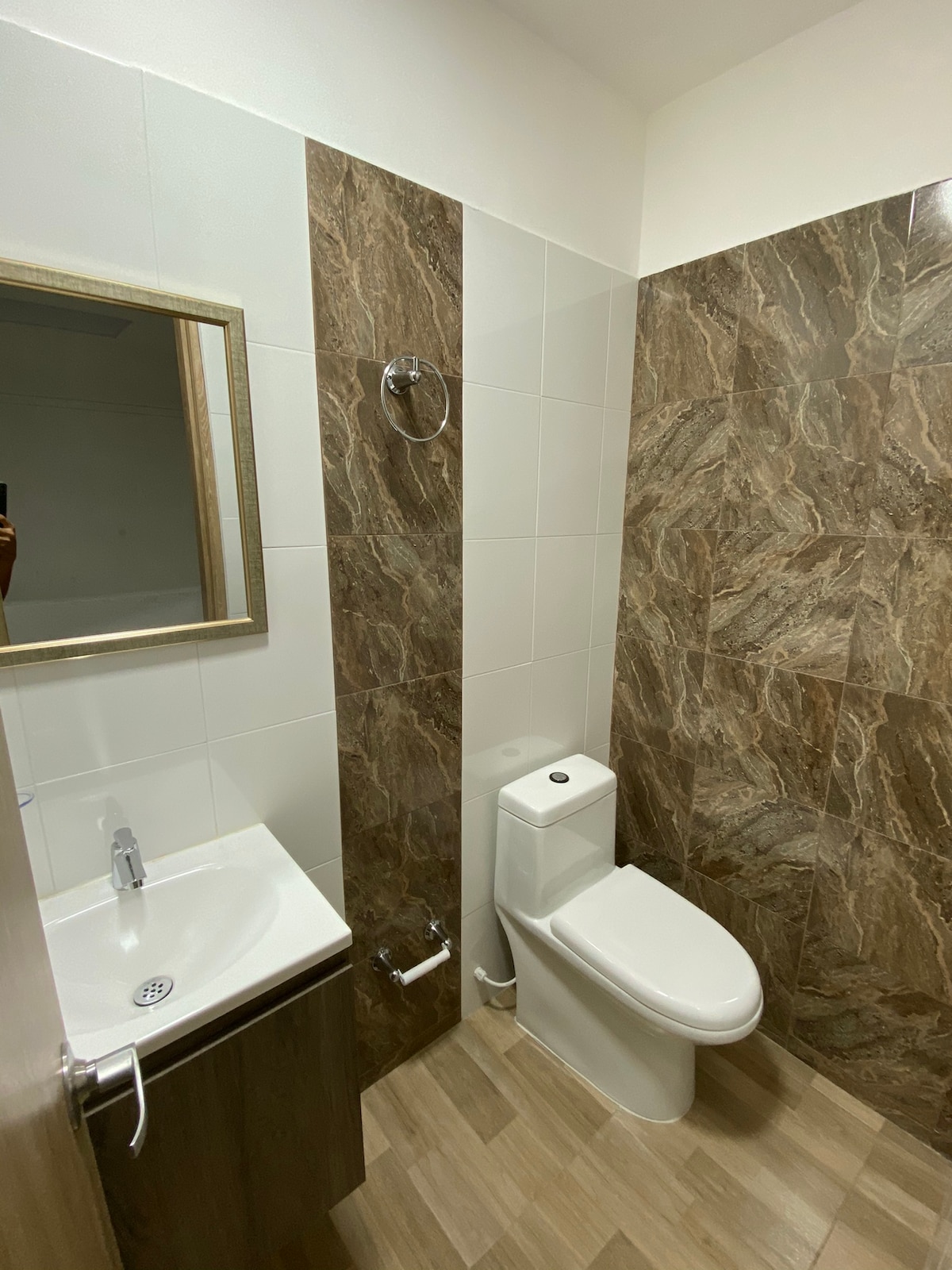 A modern bathroom features textured brown and white wall tiles, providing an elegant backdrop. A mirrored cabinet is positioned above a compact sink, while a toilet is located adjacent. Natural light subtly enhances the clean lines and minimalistic design.