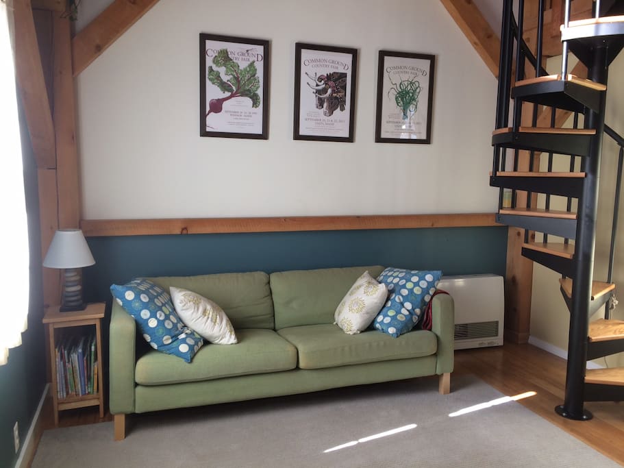 Sunny living room with cathedral ceiling