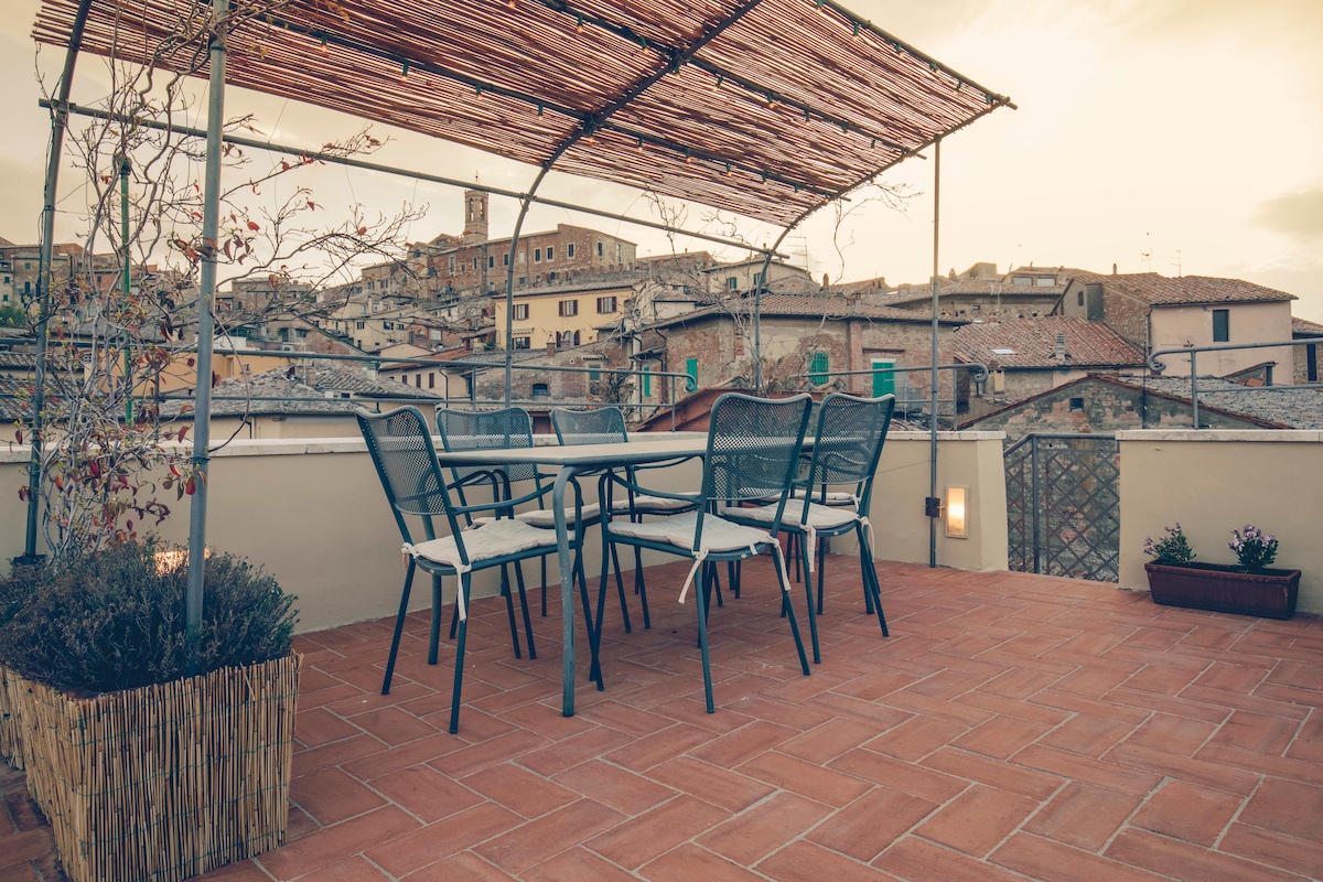 The rooftop terrace features a dining table surrounded by six chairs, offering a spacious area for relaxation. Potted plants and a decorative trellis enhance the outdoor space, providing a view of the surrounding rooftops and the historic town under a soft evening light.