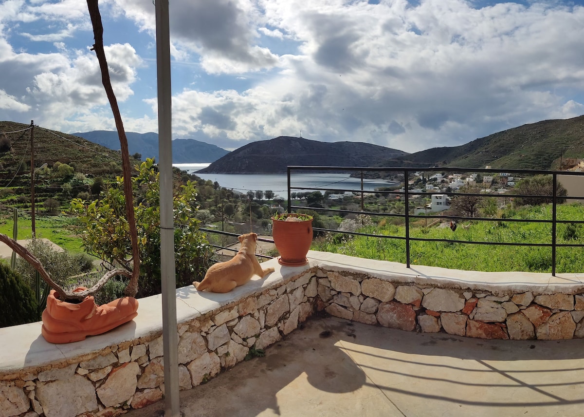 A stone terrace features a view of surrounding mountains and the sea, with potted plants placed along the edge. A relaxed dog rests on the ledge, basking in natural light under a partly cloudy sky.