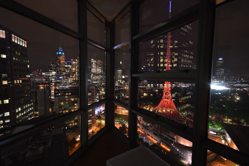 The view from the lounge with the Arts Centre spire in the foreground