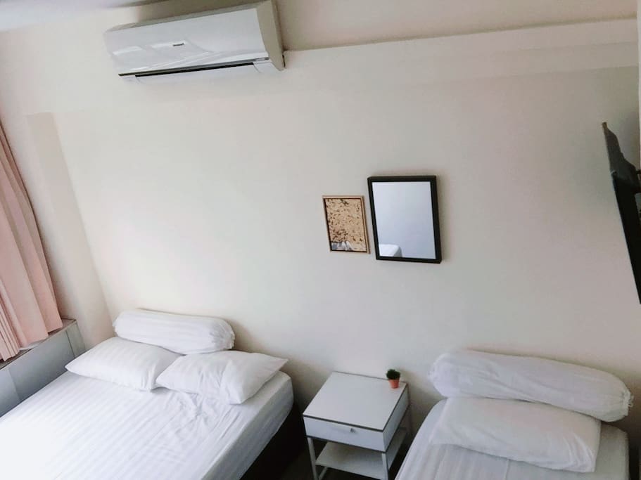 Room 2: 1 single bed & 1 queen bed (TV and AC inside)