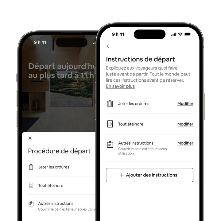 L'appli Airbnb affichant la nouvelle fonctionnalité « instructions de départ intégrées », avec une liste de tâches de départ courantes.
