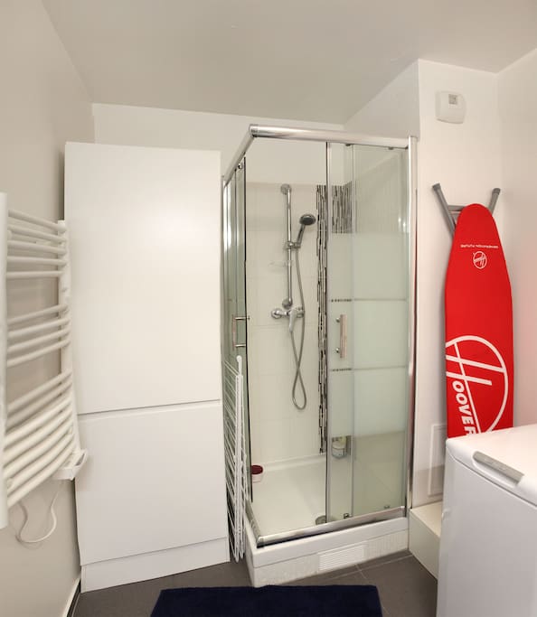 Salle de bain avec douche et machine à laver