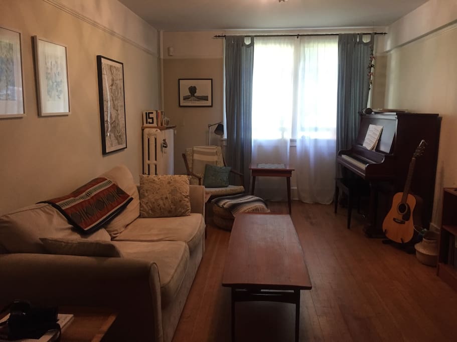 Living room: large windows and pullout couch