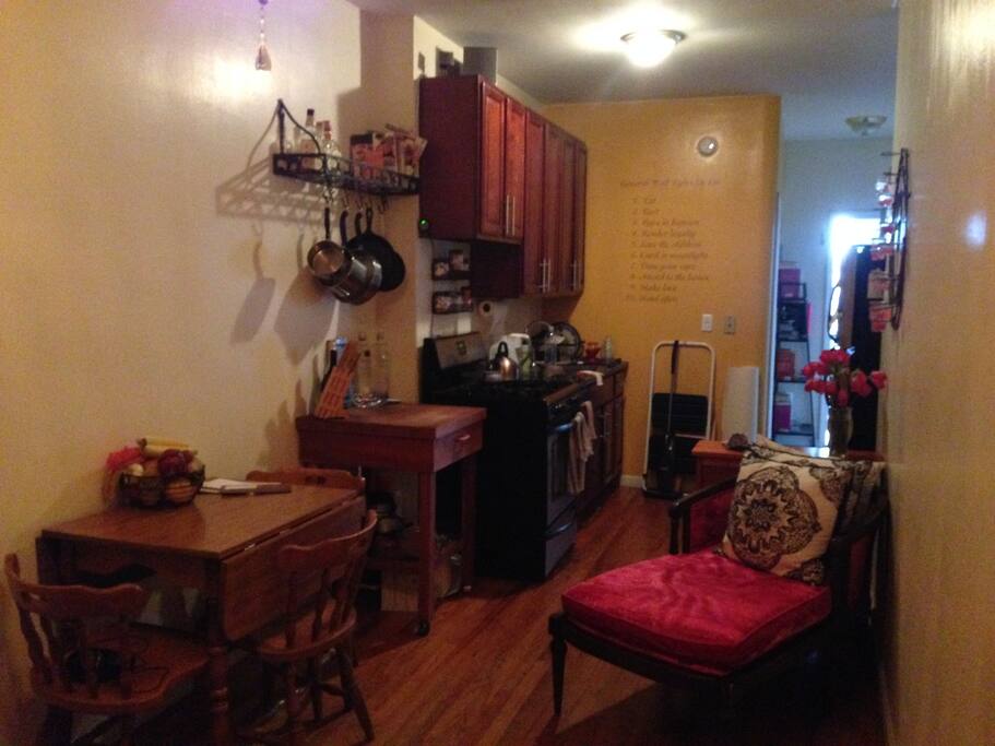 Living room into kitchen.