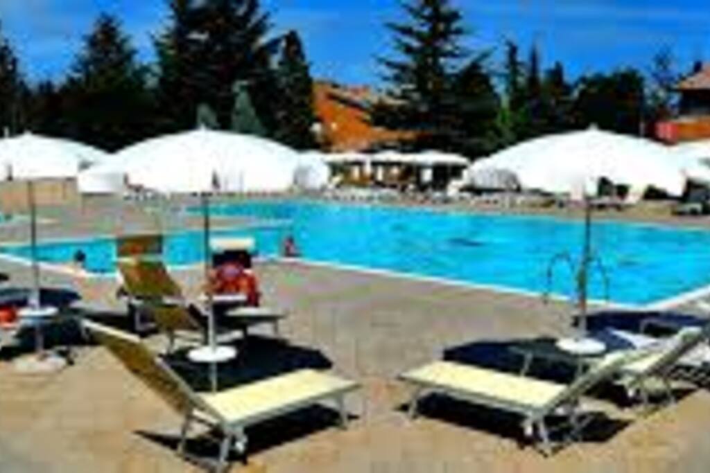 Piscina attrezzata con ombrelloni e lettini