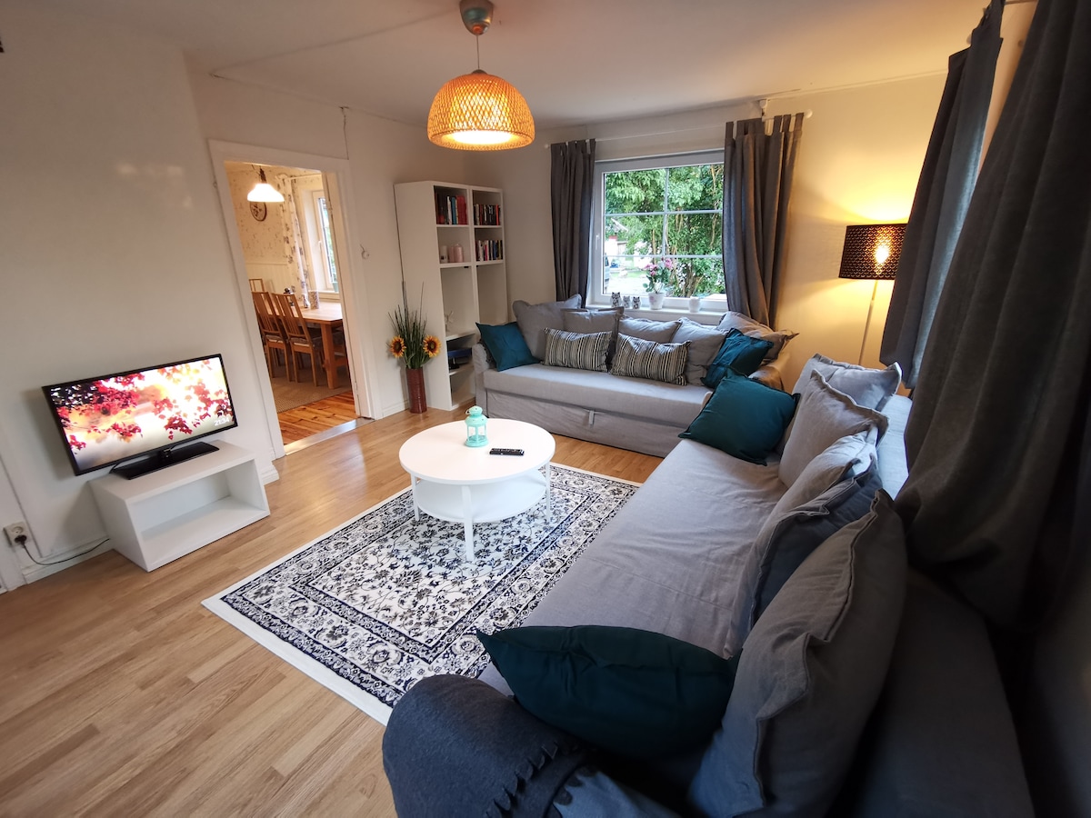 Sebule nzuri sana yenye TV na chrome. Unaweza kutumia sofa kwa urahisi na kupata maeneo 4 ya ziada ya kulala. 