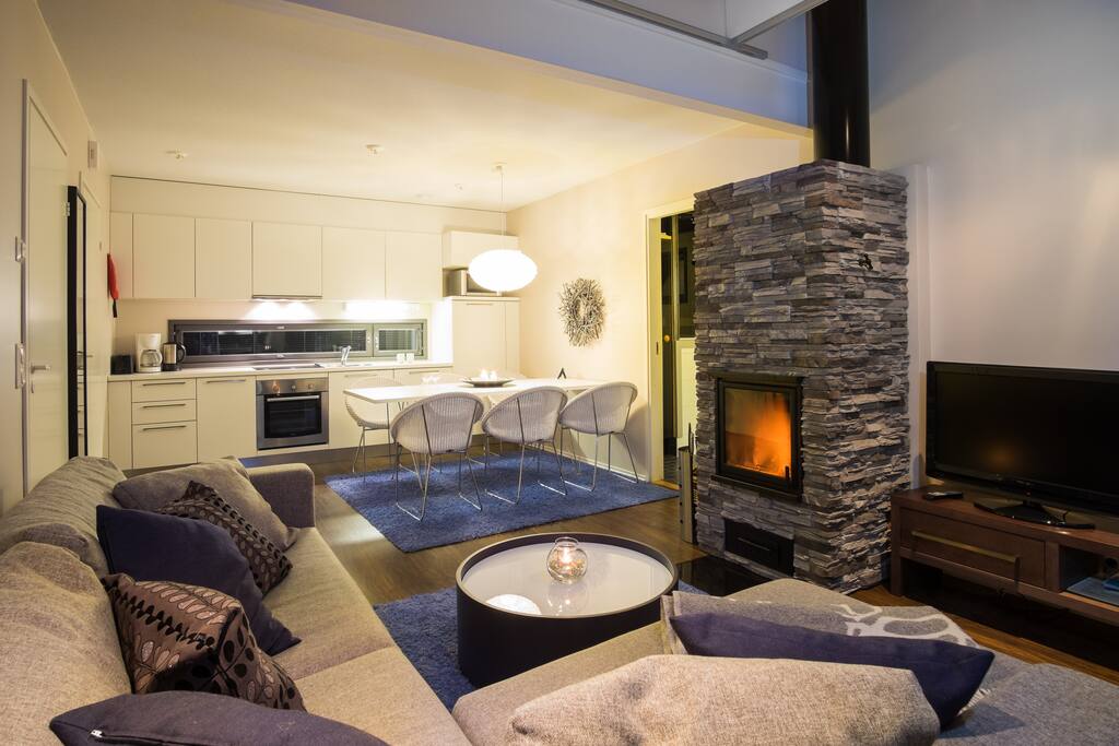 Chalet living room and kitchen