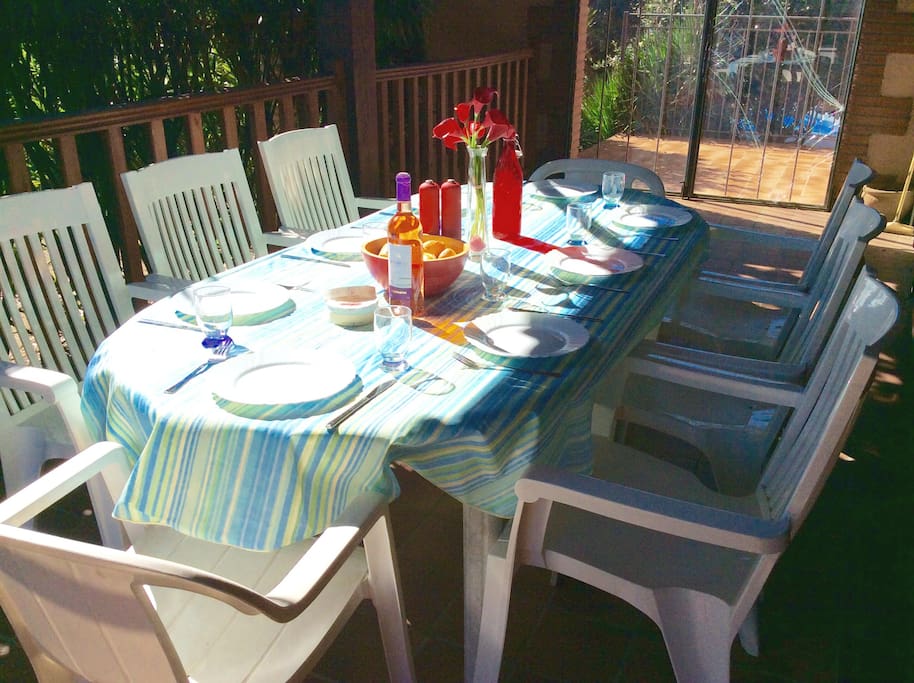 Shady terrace ideal for long lazy lunches. New wooden dining table for 2016 - photos to follow