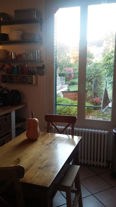 La cuisine en mode automne avec vue sur la terrasse