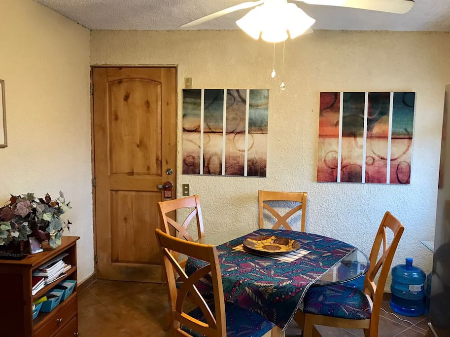 Dining area with huge window.
