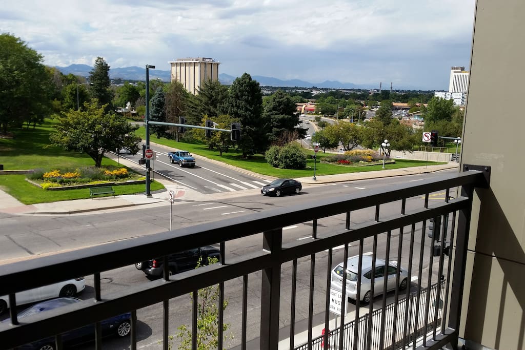 Mountain views from apartment balcony .