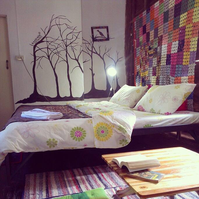 Wooden room, fan, private bathroom, hot shower, mattress, bed sheet, pillows