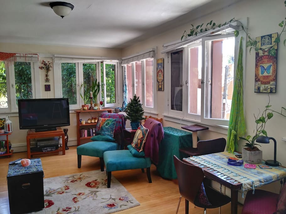 Wrap-around windows adorn the living room and kitchen.